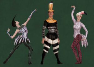 Rendering for three costumes for the play The Birds. Three figures stand in dance-like positions. On the right is a figure dressed in a silver costume and a black headpiece, the center figure has black and white horizontally striped pants and a gold headpiece, and the figure on the right also wears a silver dress, with pink tights and a white headpiece of a bird's head.