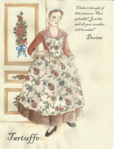 Costume rendering for a character named Dorine in Tartuffe. In the drawing the woman wears a floral printed dress with pink sleeves and a pink collar, and a white bonnet.