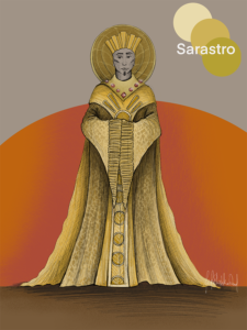 Costume Rendering for the Magic Flute. Drawing of a man in a long gold robe with long sleeves that cover his hands when clasped in front of him. He wears a gold crown and behind his head is a circle of gold. Behind him there is a half-circle of orange that takes up the bottom part of the image, and the top part of the background is a plain gray.