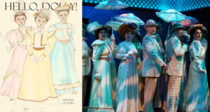 Rendering and production photo of costumes for the production of Hello, Dolly! The design image shows three women in dresses of pink, yellow, and blue. They all wear hats. In the production photo, five actors are shown and wear the costumes depicted in the drawings. Some hold umbrellas. They are illuminated in blue-toned light.