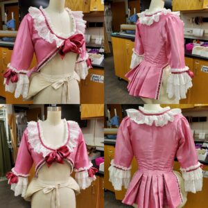 Four pictures of a costume for a production of The Revolutionists. The front and back of the bodice for a costume. It is made with pink fabric and has white lace trim around the collar and sleeves, with a bow in the center.