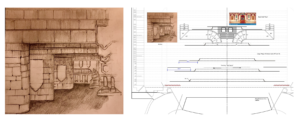 Two images - the first is a pencil sketched image of a set design depicting multiple walls leading to the back of the stage, drawn to look like stones. The second image is a computer generated ground plan of a theatre space, with the measurements and reference images for a set.